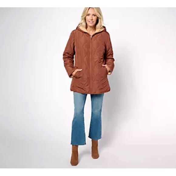 Susan Graver Medium Quilted Fleece Hooded Reversible Jacket Black Patchwork NWOT - Picture 5 of 7